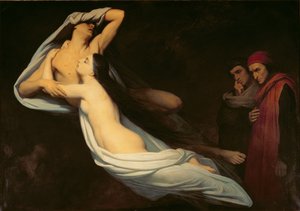 As figuras de Francesca de Rimini e Paolo de Verrucchio aparecem para Dante e Virgil, ilustração do "Inferno" de Dante, canto V, 1855